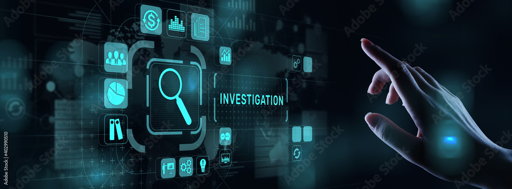 Investigation inspection audit business concept on virtual screen. - obrazy, fototapety, plakaty 