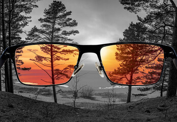 Different perception of world. Colorful view of sunset over sea and coniferous forest in  the glasses. Looking through glasses.