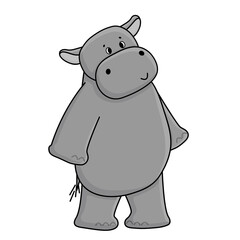 Cartoon gray hippo stands and looks to somewhere at the top