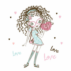 Wall Mural - Cute fashionista teen girl with pigtails with a heart in her hands. Valentine card. Vector.