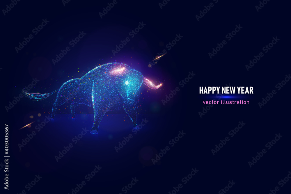 2021 Year of the Ox vector illustration made of neon particles. New 2021 year of the bull art in modern abstract style consists of colorful dots - obrazy, fototapety, plakaty 