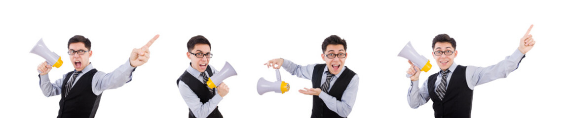 Canvas Print - Funny man with loudspeaker on white