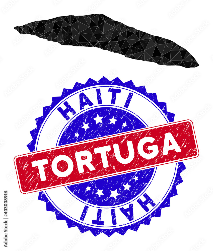 Tortuga Island of Haiti map polygonal mesh with filled triangles, and textured bicolor stamp print. Triangle mosaic Tortuga Island of Haiti map with mesh vector model, triangles have various sizes,