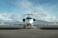Private Jet Airplane On The Ground Waiting To Be Boarded
Snowy Mountains In The Background