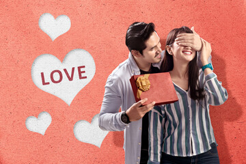 Poster - Asian man covering his girlfriend's eyes and giving him gift box