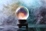 Fototapeta  - Crystal ball of fortune teller in smoke on table