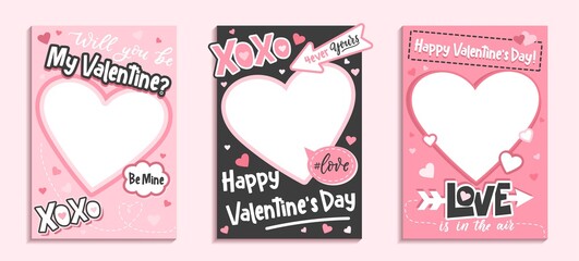 valentine's day colorful photo frame and backgrounds with pink hearts and love quotes.will you be my