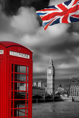 Fototapete - London symbols with BIG BEN and Red Phone Booth in England, UK