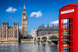 Fototapeta Londyn - London symbols with BIG BEN, DOUBLE DECKER BUSES and Red Phone Booth in England, UK