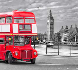 Wall Mural - Big Ben with old red double decker bus in London, England, UK