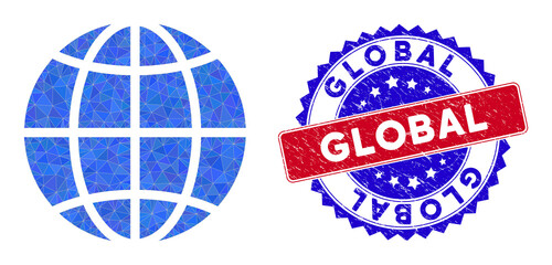 Planet globe polygonal mesh with filled triangles, and distress bicolor rubber seal. Triangle mosaic planet globe with mesh vector model, triangles have different sizes, and positions,