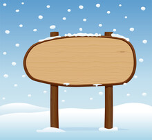 Wooden Signboard On Snowy Day.Vector Illustration.