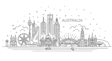 Australia architecture line skyline illustration. Linear cityscape with famous landmarks