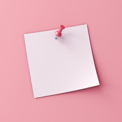 Wall Mural - Blank white note paper with pink push pin isolated on pink pastel color wall background minimal conceptual 3D rendering
