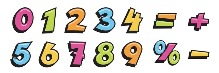 Math numbers and symbols set. Cute school mathematics elements for children vector illustration. Colorful numerical signs, minus, plus, equal, percentage on white background