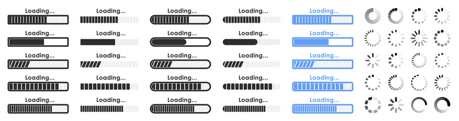 Big set Loading icons. Loading. Load. Progress bar for upload download round process. Website loading icon. Vector illustration.