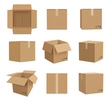 Cardboard Boxes. Deliver Craft Packages Front And Side View Decent Vector Realistic Illustrations. Box Empty, Cardboard Mock Up Isometric