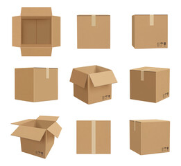 cardboard boxes. deliver craft packages front and side view decent vector realistic illustrations. b