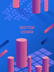 Poster - Geometric shapes blue background. Red elongated cylinders on cellular abstract floor with round vector cover.