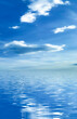 Leinwandbild Motiv Blue sky with clouds, horizon, sunlight reflected in water, clouds, waves. Empty sea landscape, natural empty scene. 3D illustration