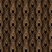Peacock Feathers Luxury Pattern Seamless. Oriental Gold Black Royal Background Vector. Art Deco Design For Gift Wrapping Paper, Beauty Spa, Yoga Wallpaper, Wedding Party, Birthday Package, Backdrop.