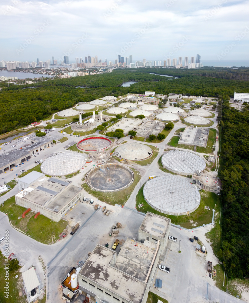 Aerial vertical panorama of a water treatment plant Stock Photo | Adobe ...