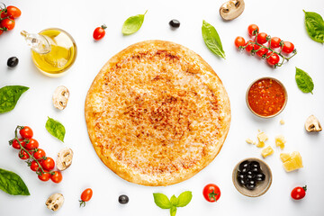 Poster - Tasty cheese pizza and cooking ingredients tomatoes and basil on white background. Top view