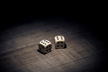 A dark portrait of two dice lying on a wooden table during a gamble. They both show all equal eyes after a role for a bet. Both sixes are at the top.