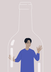 Alcohol addiction problem, a young male Asian character trapped inside a wine bottle