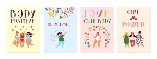 Sticker - Female positive cards. Positivity posters, women power and body beauty. Happy plus size fitness girls group decent vector background. Illustration banner girly care and positivity, motivation poster