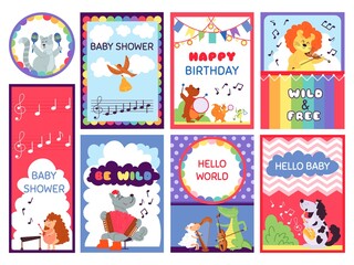 Wall Mural - Baby shower animal cards. Cute greetings, kids safari jungle lion flyers. Bright happy birthday invitation banner vector collection. Illustration childish birthday and lovely animal baby shower