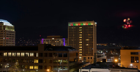 New Years Eve Fireworks launched from Pikes Peak with the Colorado Springs skyline