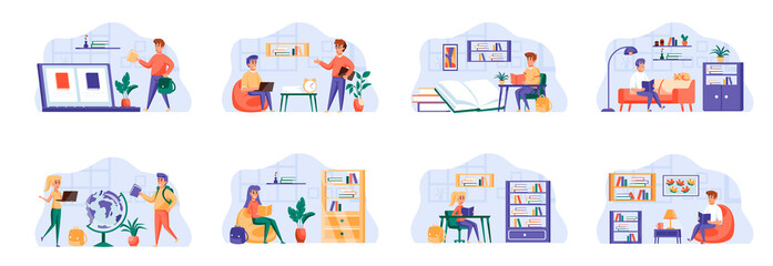 Education scenes bundle with people characters. Distance learning and self education, students study at home, read book in library situations. Online education platform flat vector illustration.
