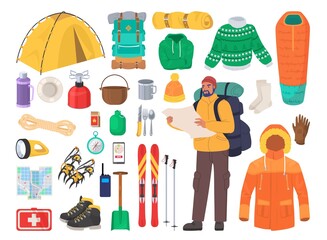 winter hiking gear, flat vector isolated illustration. mountain travel, climbing and winter trekking