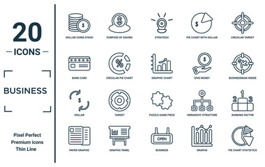 Poster - business linear icon set. includes thin line dollar coins stack, bank card, dollar, paper graphic, pie chart statistics, graphic chart, ranking factor icons for report, presentation, diagram, web