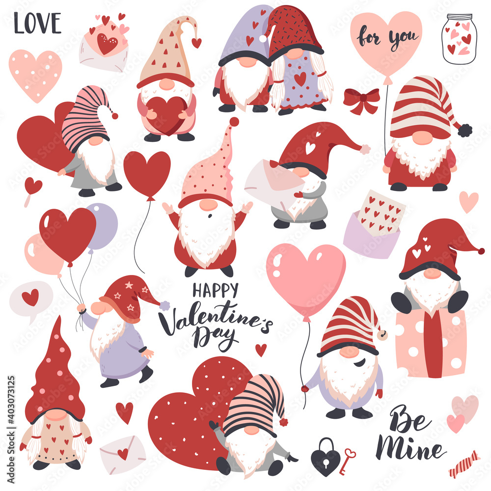Valentines Day Gnomes with hearts, balloons, and gift boxes. Perfect for sticker kit, scrapbooking,  party invitation, gift tags. - obrazy, fototapety, plakaty 