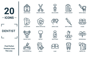 Poster - dentist linear icon set. includes thin line dental house, apicoectomy, healthy tooth, tooth extracti
