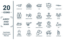 Army.and.war Linear Icon Set. Includes Thin Line Automatic Gun, Terracotta, Militar Ship, Depth Charge, Militar Radio, Conscription, Ship Icons For Report, Presentation, Diagram, Web Design