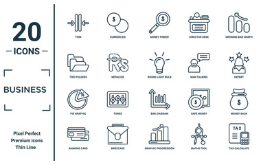 Poster - business linear icon set. includes thin line thin, two folders, pie graphic, banking card, tax calcu