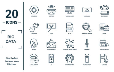 Poster - big.data linear icon set. includes thin line hexagons, thought, robot, availability, log file, xlsx,