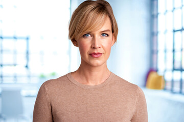 Portait of beautiful mature woman looking at camera while standing in the living room at home