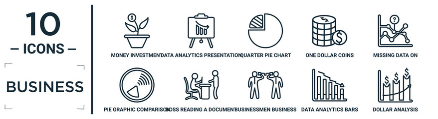 Poster - business linear icon set. includes thin line money investment, quarter pie chart, missing data on an