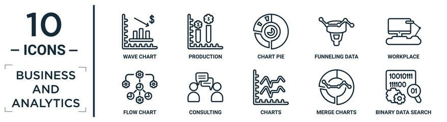 Poster - business.and.analytics linear icon set. includes thin line wave chart, chart pie, workplace, consulting, merge charts, binary data search, flow chart icons for report, presentation, diagram, web
