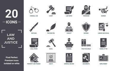 Wall Mural - law.and.justice icon set. include creative elements as criminal law, murder, defense, counsel, guilt