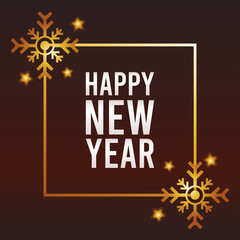 Poster - happy new year lettering card with golden snowflakes in square frame