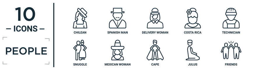 Poster - people linear icon set. includes thin line chilean, delivery woman, technician, mexican woman, julus