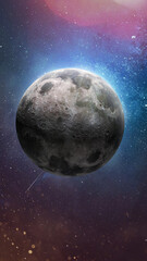 Poster - Full Moon in deep space. Vertical sci fi wallpaper. Far galaxy and planet. Elements of this image furnished by NASA