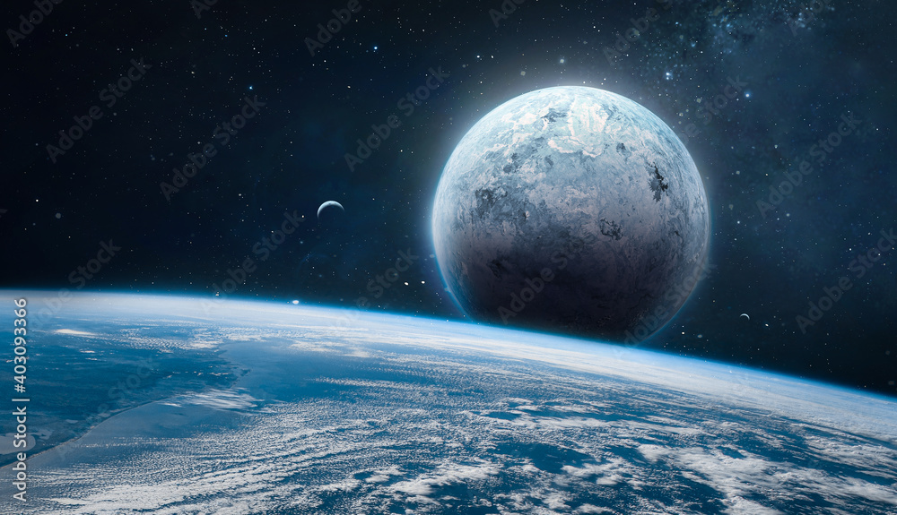 Earth and other planets with atmosphere in deep space. Sci fi wallpaper. Exploration of the space. Elements of this image furnished by NASA
 - obrazy, fototapety, plakaty 