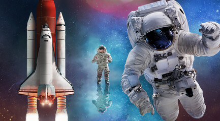 Wall Mural - astronaut and space shuttle in deep bright space. space art wallpaper. collage with rocket and space