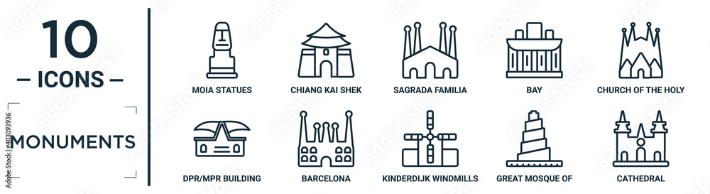 monuments linear icon set. includes thin line moia statues, sagrada familia building, church of the holy family, barcelona, great mosque of samarra, cathedral, dpr/mpr building icons for report, - obrazy, fototapety, plakaty 